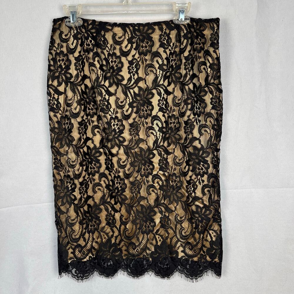 Vintage J Peterman Black Floral Lace Pencil Skirt Silk Lined Scalloped Hem Sz 14